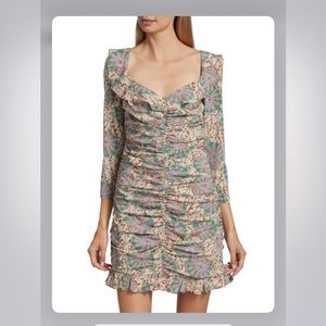 Veronica Beard Floral Ruched Ruffle Mini Dress in Mint Pink
